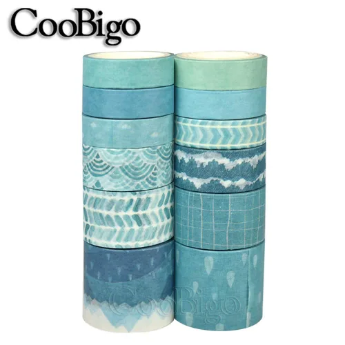 Vista 2 de CooBigo Juego de cintas Washi, 12 rollos de 4 tamaños de cintas adhesivas decorativas para manualidades, álbumes de recortes, bricolaje, Pista azul