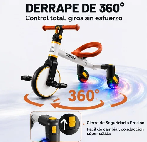 Vista 3 de Ridego Triciclo 3 en 1 para niños de 2 a 5 años, modos de caminante, pedal Blanco