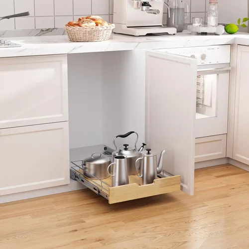 Vista 4 de Sikarou Organizador de gabinete extraíble, estante deslizante resistente, cesta de madera y alambre, cajón extraíble para cocina debajo