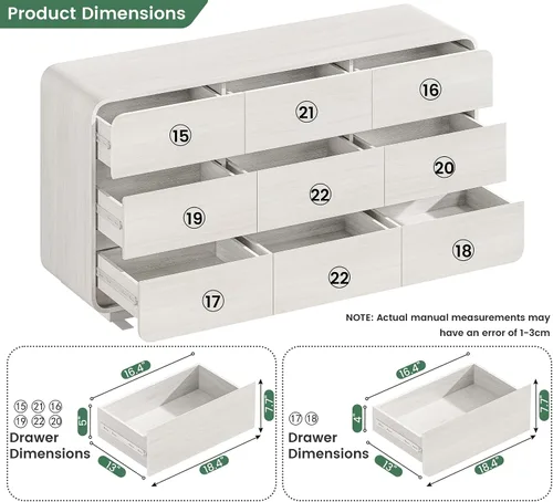 Vista 3 de Standifurno Cómodas blancas de 9 cajones, cómoda cajonera con cajones profundos, cómoda moderna para dormitorio, cajón curvado con gran Blanco