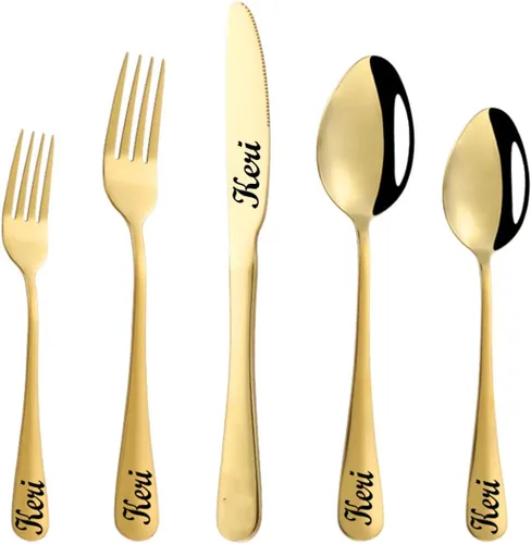 Vista 12 de Juego de cubiertos personalizado de acero inoxidable, cuchillo grabado, tenedores, cuchara, nombres personalizados se grabarán en tu vajilla, regalo
