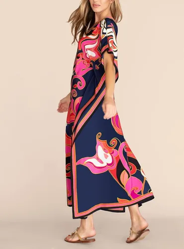 Vista 3 de Cashew Flower Silk Caftan Women Vneck beach Cover up Caftans Loose Plus Size Floral Print Side Split Kaftan Dresses
