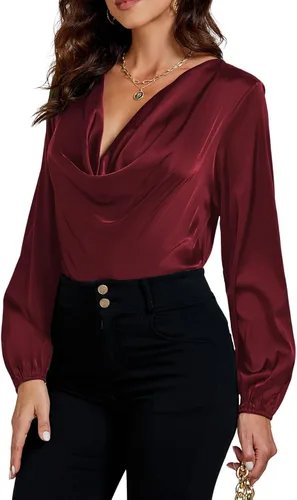 Vista 3 de LYANER Blusa de satén sedoso con cuello drapeado frontal de manga larga para mujer