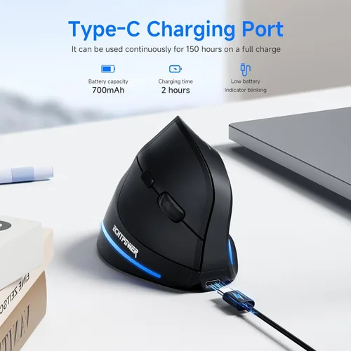 Vista 4 de ECHTPower Ratón inalámbrico ergonómico, mouse vertical Bluetooth con luz LED, controla hasta 3 dispositivos (BT5.0+BT5.0+2.4GHz), DPI ajustable