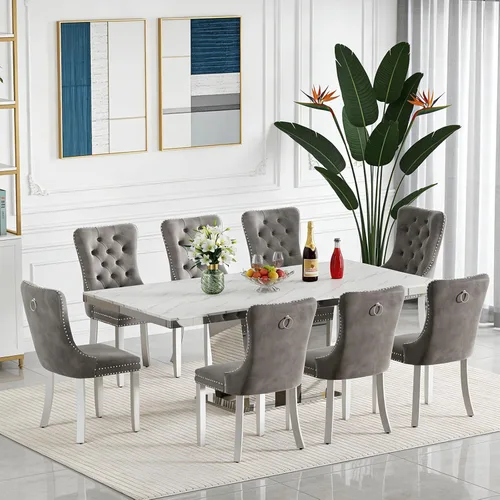 Vista 39 de Juego de mesa de comedor extensible de 63 a 79 pulgadas para 4, moderna mesa de cocina expandible con 4 sillas de terciopelo, mesa de madera gruesa