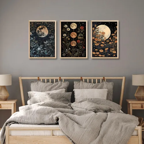 Vista 5 de 3 piezas enmarcadas de plantas de fase lunar en lienzo, arte de pared retro con diseño de flores de luna, impresión de póster con imagen celestial