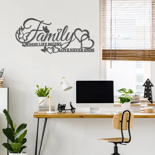 Vista 8 de Family Where Life Begins Love Never Ends Word - Decoración de pared de metal negro con corazón de mariposas, escultura colgante de letras de hierro