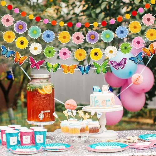 Vista 5 de Juego de 4 pancartas de verano para decoración de verano con diseño de mariposas y flores, flores de sol, remolinos colgantes, suministros de fiesta