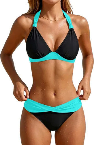 Vista 33 de Yonique Traje de baño de dos piezas para mujer, conjunto de bikini push up, traje de baño halter, traje de baño vintage Verde Aqua