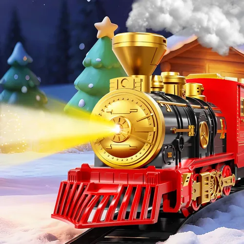 Vista 3 de Juego de tren para niños de 3-5 4-7, juego de juguetes clásicos de tren eléctrico con motor de locomotora, luces y sonido con vapor, rieles