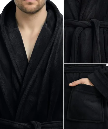Vista 3 de NY Threads - Bata de baño con capucha para hombre de lujo, bata de baño de felpa de lujo con capucha, bata de spa para hombre Negro
