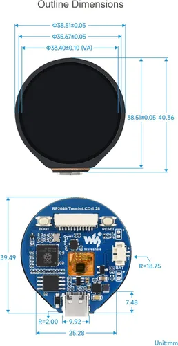 Vista 7 de Placa de desarrollo de microcontrolador RP2040 de tamaño compacto con LCD táctil redondo de 1.28 pulgadas y acelerómetro y sensor giroscopio