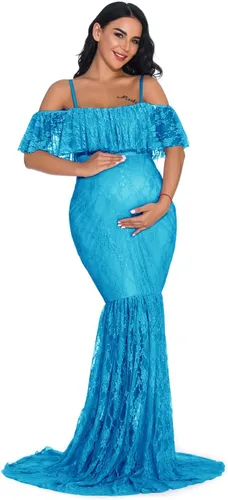 Vista 2 de ZIUMUDY Vestido de maternidad de encaje ajustado con mangas con volantes y hombros descubiertos, vestido de fotografía para baby shower