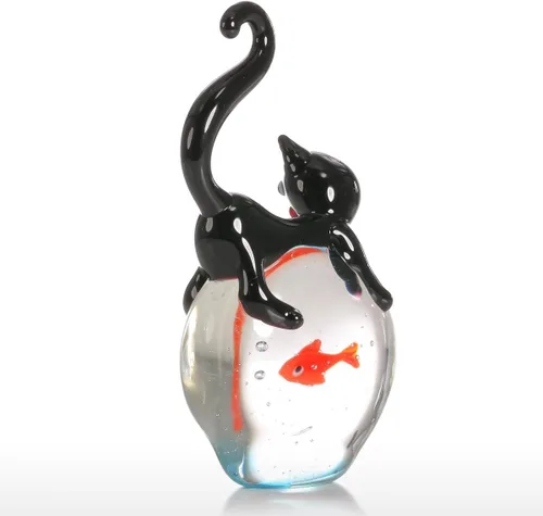 Vista 3 de Tooarts Escultura de gato y pez de colores adorno de cristal soplado a mano, regalo de cumpleaños de Navidad [negro y rojo]