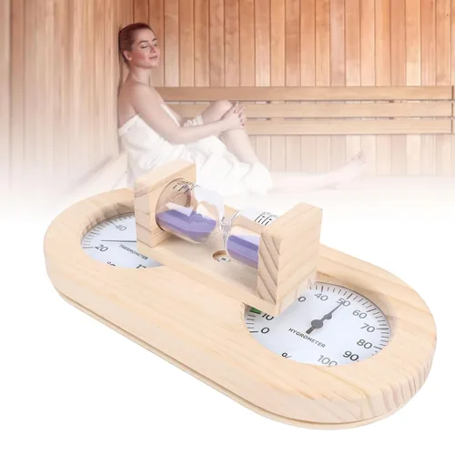 Vista 8 de Wooden Sauna Thermometer Hygrometer, Dual Dial Design with Sand Timer Function for Home and Commercial Sauna Rooms