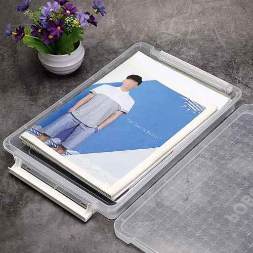 Vista 4 de BTSKY Caja de almacenamiento apilable de plástico PP transparente transparente A4 Plus para escritorio, contenedor de revista de papel con hebilla