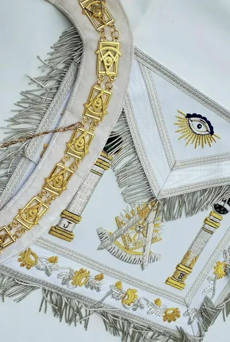 Vista 2 de Delantal Masonic Regalia - Cadena de cuello maestro bordado color blanco talla libre azul blanco Talla libre