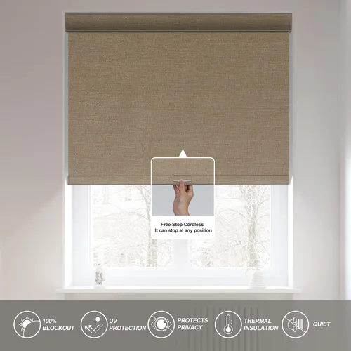 Vista 5 de Boolegon Persianas enrollables opacas para ventana, sin cordón, de tela de lino con aislamiento térmico, protegen de luz UV, casa, oficina, Beige