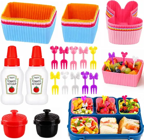 Vista 9 de Juego de 32 piezas de accesorios de caja Bento, divisores de silicona para lonchera, mini botella de ketchup, contenedor de aderezo para ensaladas