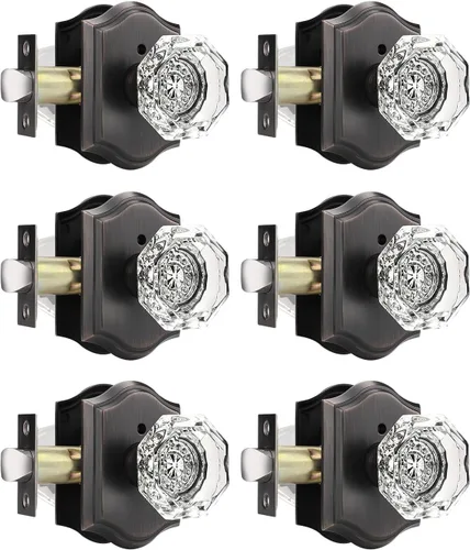 Vista 24 de Gobrico Juego de pomos de puerta de vidrio transparente para interiores, cerradura de puerta de cristal de diamante de privacidad en latón antiguo