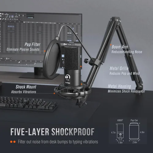 Vista 6 de FIFINE Micrófono USB de condensador de estudio, kit de micrófono para computadora con brazo de brazo ajustable, soporte de choque para instrumentos