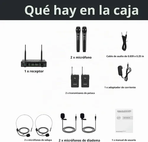 Vista 7 de Sistema de micrófono inalámbrico de solapa con auriculares y micrófonos de solapa, receptor de metal UHF de 4 canales con 2 micrófonos de mano y 2