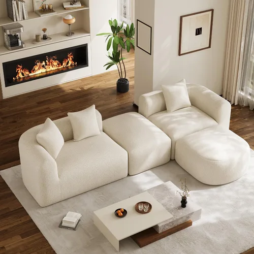 Vista 11 de Sofá de nube curva de 120 pulgadas, sofá seccional en forma de L con mesa Marrón claro