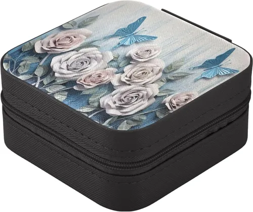 Vista 3 de GUIJI White Roses and Butterflies PU Leather Jewelry Organizer, Portable Small Jewelry Box Travel Jewelry Case Earrings Necklace Bracelet Rings for