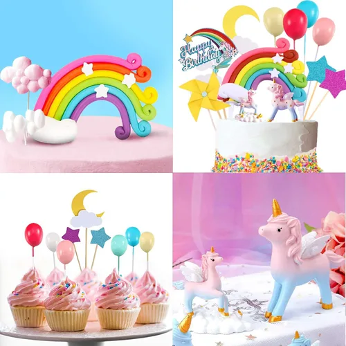 Vista 3 de Kit de decoración de pastel de unicornio con 2 esculturas, bolas de arco iris para suministros de fiesta de cumpleaños