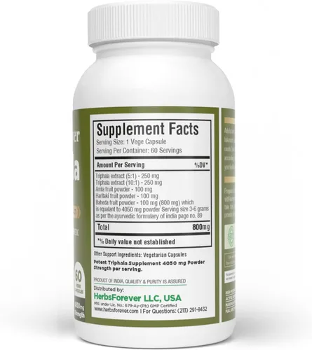 Vista 3 de Herbsforever Triphala Cápsulas Extracto Ratio (8:1) 40% Amla, Haritaki & Bibhitaki para desintoxicación, limpieza y rejuvenecimiento diarios* 60