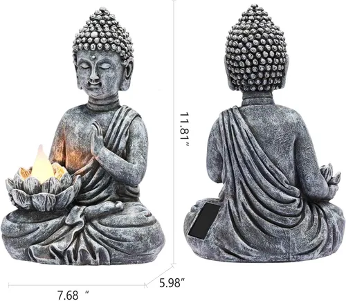 Vista 2 de Estatua Solar de Buda - Escultura Zen para Exteriores con Luz LED de Loto Parpadeante - Regalo de Decoración de Jardín Impermeable - 11.81 Pulgadas