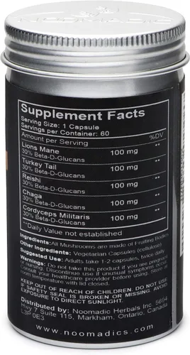 Vista 2 de Noomadic Total de hongos, 60 cápsulas, 500 mg, 30% beta-glucanos, complejo adaptogénico de hongos de melena de león, cola de pavo, chaga, reishi