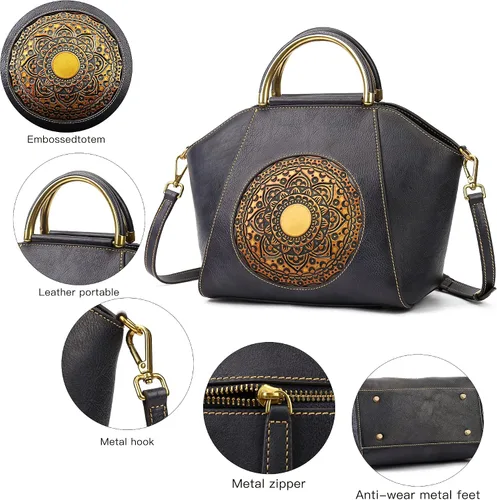 Vista 5 de Bolsos de cuero genuino para mujer, organizador retro de cuero de curtido vegetal, bolso de hombro de tótem en relieve vintage