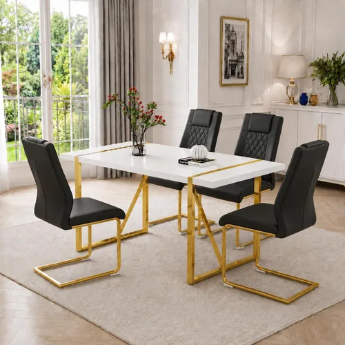 Vista 10 de Juego de mesa de comedor moderna de 55 pulgadas para 4, mesa de comedor negra y marco de metal dorado, mesa de comedor rectangular con 4 sillas