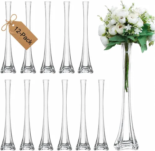 Vista 8 de Paquete de 12 jarrones de la Torre Eiffel para decoración de flores, bodas, decoración (12 pulgadas, transparente)