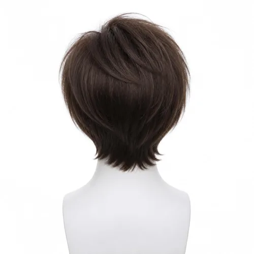 Vista 3 de Peluca corta marrón para hombre, parte lateral natural, sintética