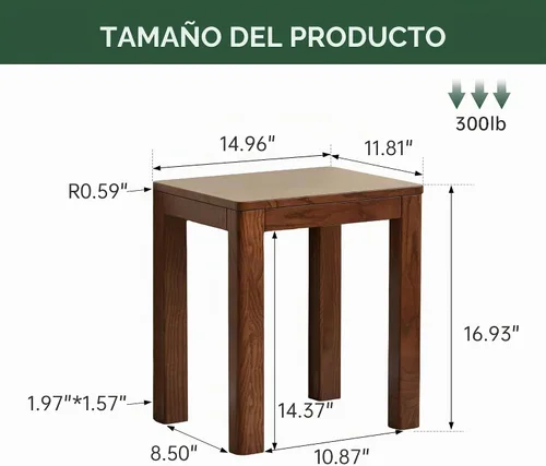 Vista 3 de Mesa auxiliar 100% de madera maciza para sala de estar, taburetes de comedor de nogal con bordes redondos, taburete de 17 pulgadas, reposapiés
