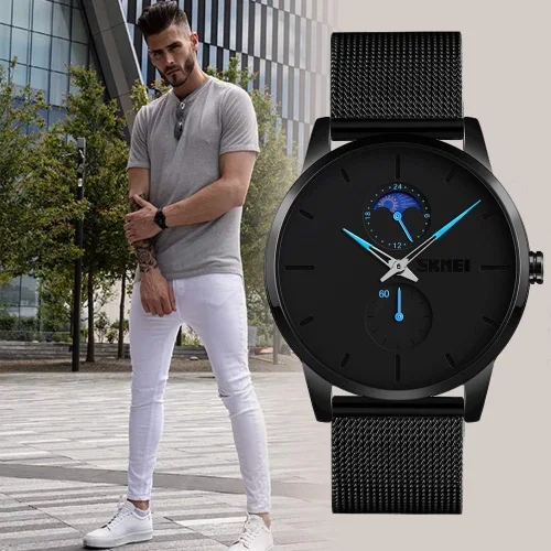 Vista 6 de SKMEI Black Watches for Men Fashion Minimalist Waterproof Ultra-Thin Analog Quartz Moon Phase Stainless Steel Mesh Band Wristwatch for Men