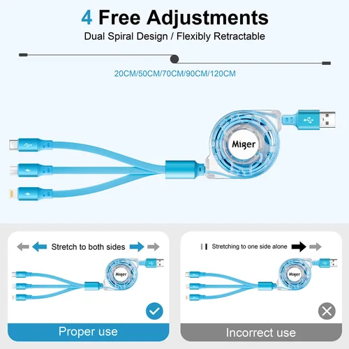 Vista 5 de Cable USB C de carga rápida múltiple 4A [2 unidades/4 pies] cargador múltiple retráctil USB A a tipo C/Lightning/Micro USB 3 en 1 cable USB
