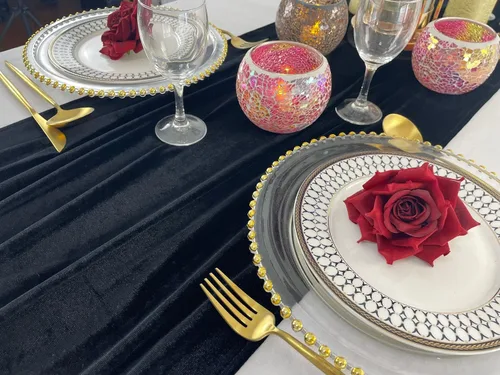 Vista 4 de Lujoso camino de mesa de terciopelo, decoraciones de recepción de boda de 10 pies, tela de terciopelo suave de 20 x 120 pulgadas, revestimiento