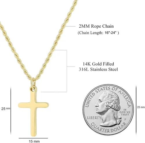 Vista 6 de Collar de cruz para niño de acero inoxidable colgante de cruz pequeña cadena de cuerda giratoria regalo de joyería de fe simple para hombres mujeres