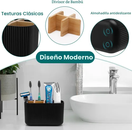 Vista 3 de GFWARE Soporte para cepillos de dientes negro – Portacepillos de dientes de bambú para baños, organizador de cepillos de dientes eléctrico