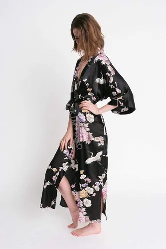 Vista 2 de Bata kimono larga de satén para mujer con diseño floral