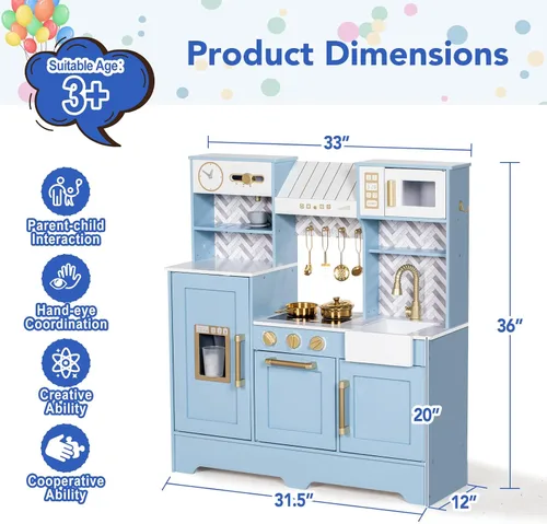 Vista 7 de BRINJOY Cocina de Juguete para Niños, Juego de Cocina de Madera para Niños con Cafetera, Horno, Estufa, Fregadero, Delantal, Máquina de Hielo