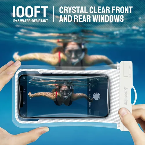 Vista 5 de Funda impermeable para teléfono [diseño de bolsa de aire flotante] Funda universal IPX8 para teléfono celular con cordón para iPhone 16 15 14 13 Pro