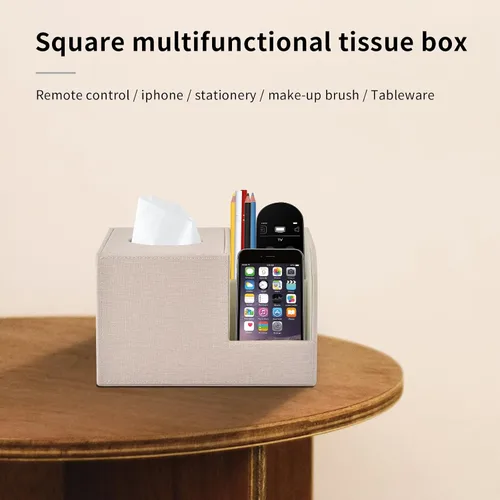 Vista 7 de Funda de caja de pañuelos de cuero PU cuadrada, Soporte de caja de pañuelos multifuncional, Caja de pañuelos con almacenamiento, Soporte de pañuelos