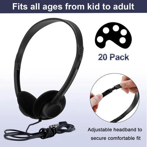 Vista 2 de Yunsailing Paquete de 20 auriculares a granel con diadema ajustable de 0.138 in, auriculares para programas de aprendizaje, laboratorio de Negro