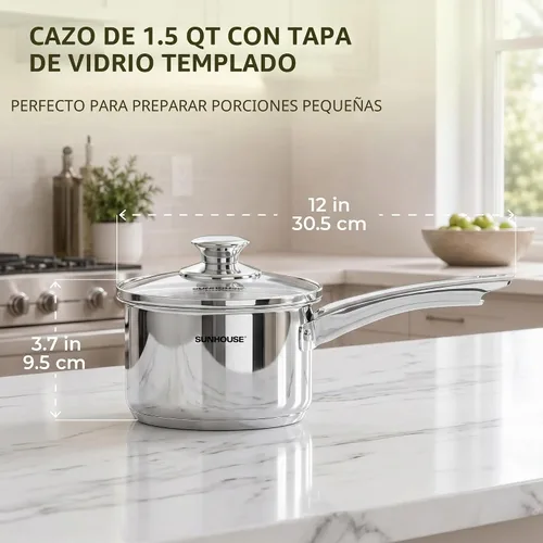 Vista 2 de SUNHOUSE - Sartén de acero inoxidable de 1.5 cuartos de galón con tapa, olla pequeña para cocinar PFOA-Free Uncoated Milk Pan & Butter Warmer