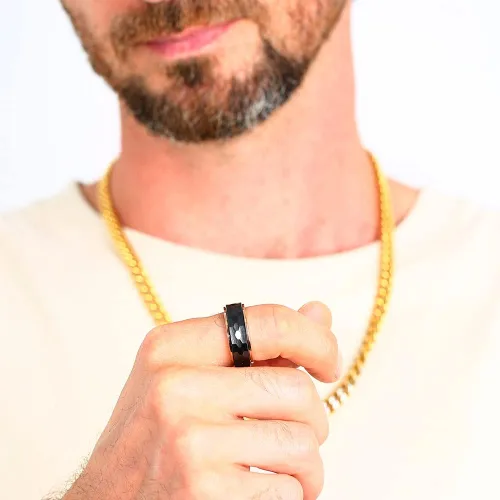 Vista 3 de Anillos de boda de titanio de 0.31 pulgadas (0.315in), anillos giratorios de cerámica negra martilladosfacetados para hombres, anillos giratorios