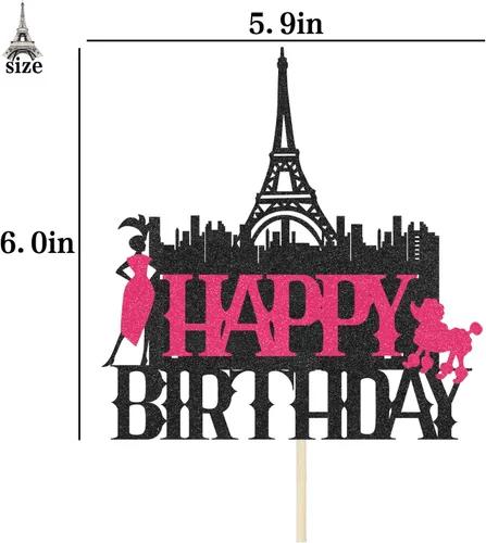 Vista 7 de Decoración para tartas de la Torre Eiffel de París de Feliz Cumpleaños para niñas y mujeres